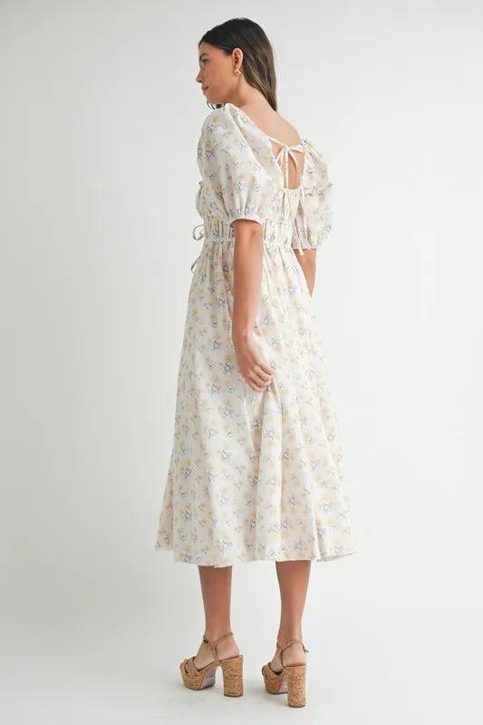 MABLE Floral Drawstring Detail Puff Sleeve Midi Dress - Brittney MADE