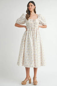 MABLE Floral Drawstring Detail Puff Sleeve Midi Dress - Brittney MADE