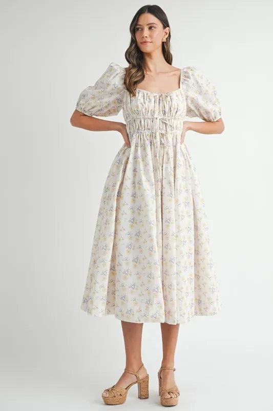 MABLE Floral Drawstring Detail Puff Sleeve Midi Dress - Brittney MADE