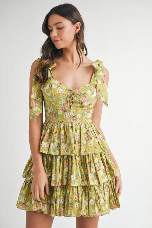 MABLE Floral Print Shoulder Tie Layered Mini Dress - Brittney MADE