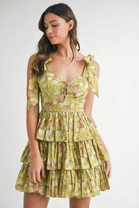 MABLE Floral Print Shoulder Tie Layered Mini Dress - Brittney MADE