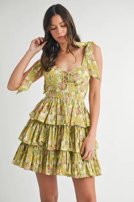 MABLE Floral Print Shoulder Tie Layered Mini Dress - Brittney MADE
