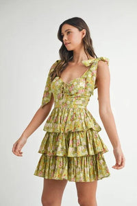 MABLE Floral Print Shoulder Tie Layered Mini Dress - Brittney MADE