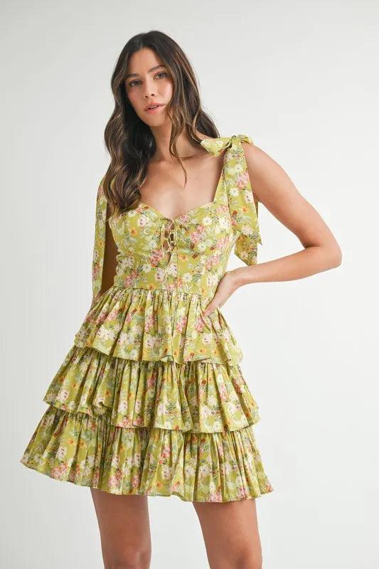 MABLE Floral Print Shoulder Tie Layered Mini Dress - Brittney MADE