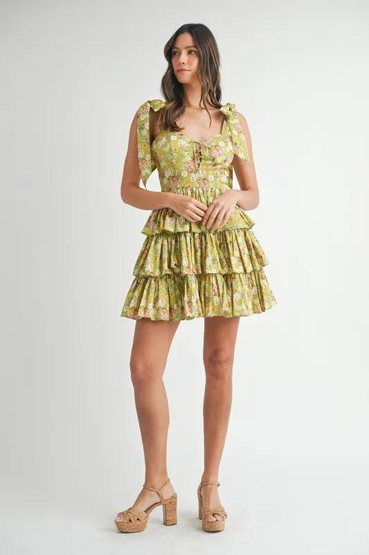 MABLE Floral Print Shoulder Tie Layered Mini Dress - Brittney MADE