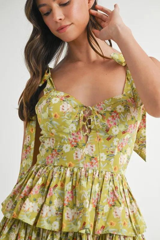 MABLE Floral Print Shoulder Tie Layered Mini Dress - Brittney MADE