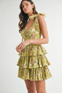 MABLE Floral Print Shoulder Tie Layered Mini Dress - Brittney MADE
