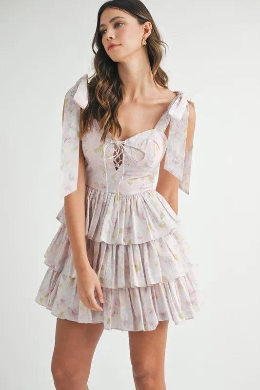 MABLE Floral Print Shoulder Tie Layered Mini Dress - Brittney MADE