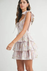 MABLE Floral Print Shoulder Tie Layered Mini Dress - Brittney MADE