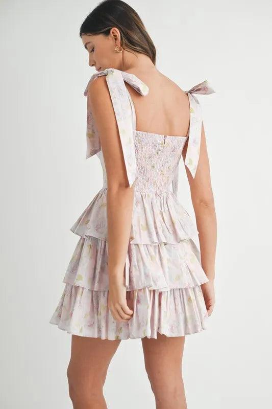MABLE Floral Print Shoulder Tie Layered Mini Dress - Brittney MADE