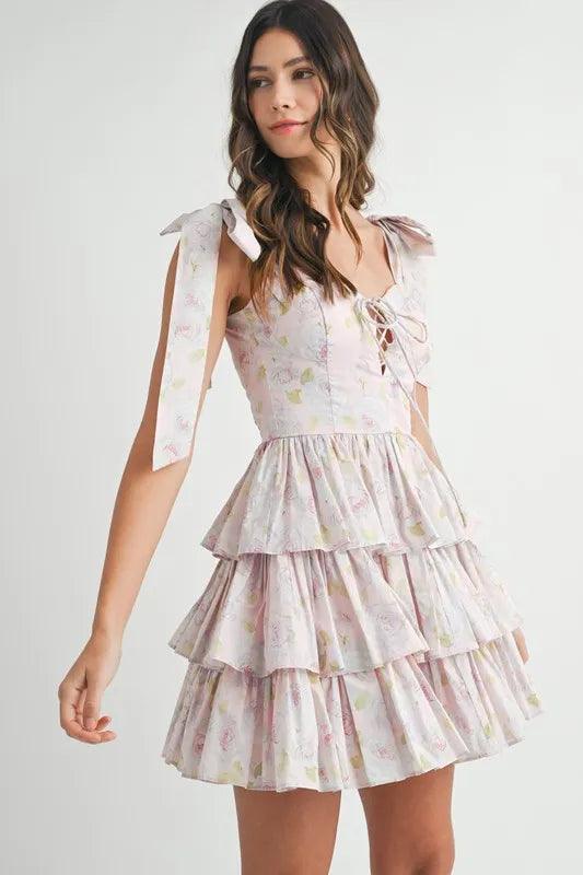 MABLE Floral Print Shoulder Tie Layered Mini Dress - Brittney MADE