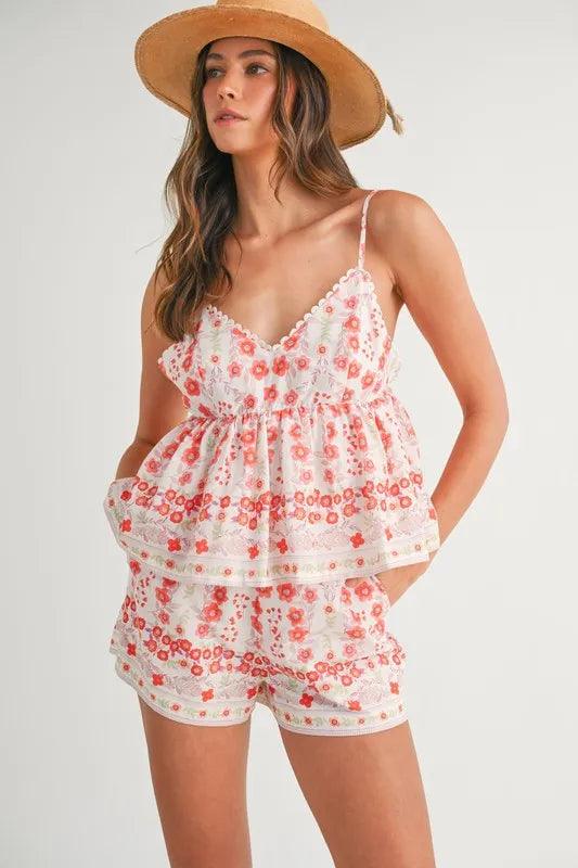 MABLE Floral Printed Peplum Top and Shorts Set - Brittney MADE