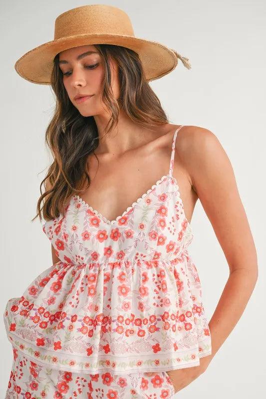 MABLE Floral Printed Peplum Top and Shorts Set - Brittney MADE
