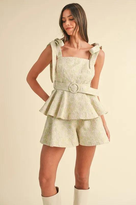 MABLE Jacquard Floral Peplum Top and Flare Shorts Set - Brittney MADE