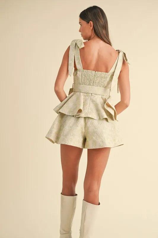 MABLE Jacquard Floral Peplum Top and Flare Shorts Set - Brittney MADE