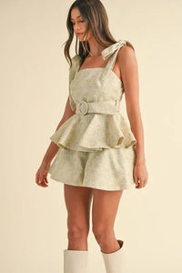 MABLE Jacquard Floral Peplum Top and Flare Shorts Set - Brittney MADE