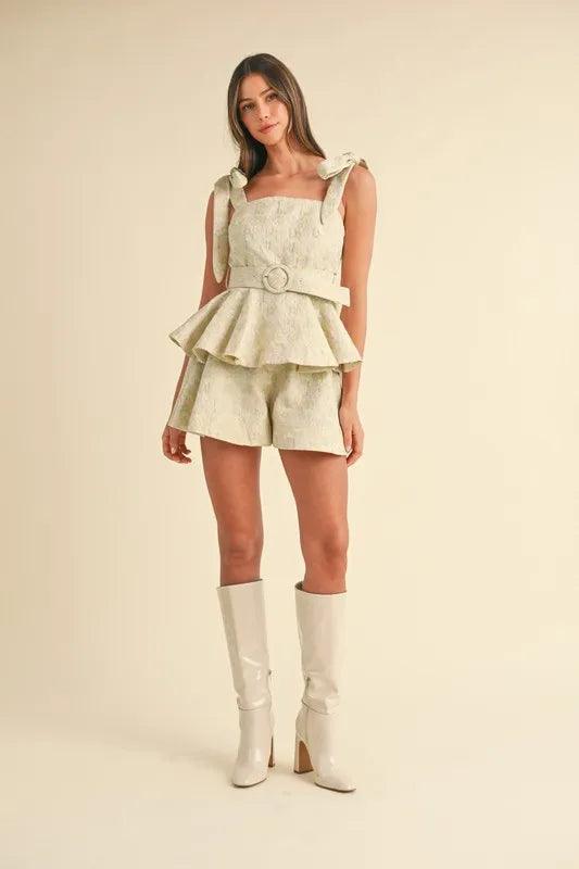 MABLE Jacquard Floral Peplum Top and Flare Shorts Set - Brittney MADE
