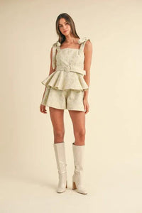 MABLE Jacquard Floral Peplum Top and Flare Shorts Set - Brittney MADE