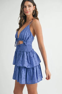 MABLE Lace Eyelet Ruffle Mini Dress With Front Cutout - Brittney MADE