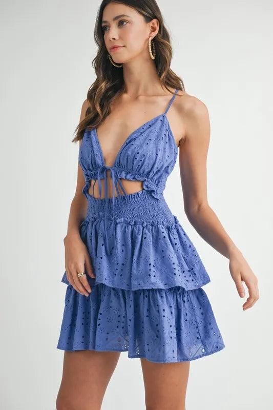 MABLE Lace Eyelet Ruffle Mini Dress With Front Cutout - Brittney MADE