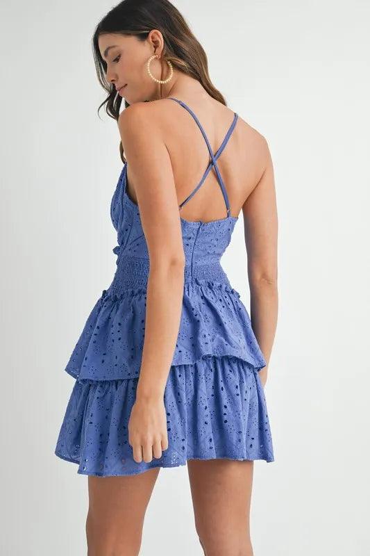 MABLE Lace Eyelet Ruffle Mini Dress With Front Cutout - Brittney MADE
