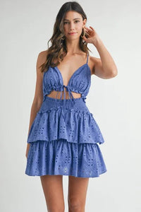 MABLE Lace Eyelet Ruffle Mini Dress With Front Cutout - Brittney MADE