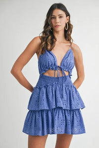 MABLE Lace Eyelet Ruffle Mini Dress With Front Cutout - Brittney MADE