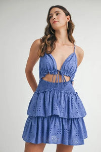 MABLE Lace Eyelet Ruffle Mini Dress With Front Cutout - Brittney MADE