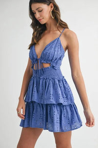 MABLE Lace Eyelet Ruffle Mini Dress With Front Cutout - Brittney MADE