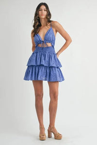 MABLE Lace Eyelet Ruffle Mini Dress With Front Cutout - Brittney MADE