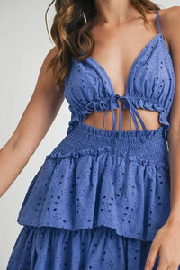 MABLE Lace Eyelet Ruffle Mini Dress With Front Cutout - Brittney MADE