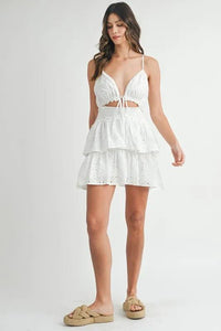 MABLE Lace Eyelet Ruffle Mini Dress With Front Cutout - Brittney MADE