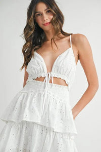 MABLE Lace Eyelet Ruffle Mini Dress With Front Cutout - Brittney MADE