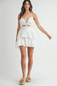 MABLE Lace Eyelet Ruffle Mini Dress With Front Cutout - Brittney MADE