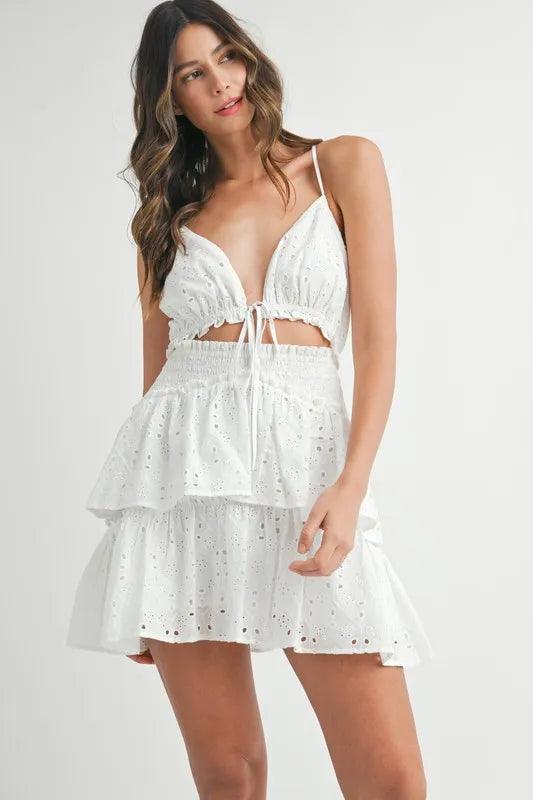 MABLE Lace Eyelet Ruffle Mini Dress With Front Cutout - Brittney MADE