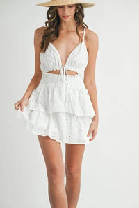 MABLE Lace Eyelet Ruffle Mini Dress With Front Cutout - Brittney MADE
