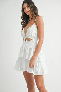 MABLE Lace Eyelet Ruffle Mini Dress With Front Cutout - Brittney MADE