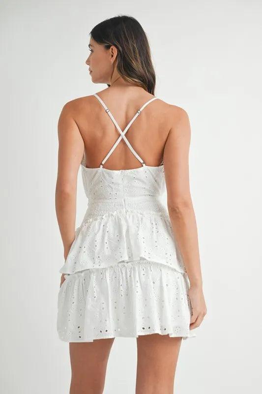 MABLE Lace Eyelet Ruffle Mini Dress With Front Cutout - Brittney MADE