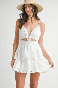 MABLE Lace Eyelet Ruffle Mini Dress With Front Cutout - Brittney MADE