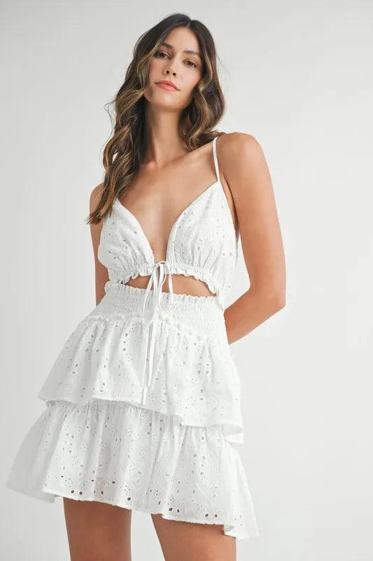 MABLE Lace Eyelet Ruffle Mini Dress With Front Cutout - Brittney MADE