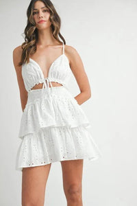 MABLE Lace Eyelet Ruffle Mini Dress With Front Cutout - Brittney MADE