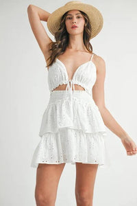 MABLE Lace Eyelet Ruffle Mini Dress With Front Cutout - Brittney MADE