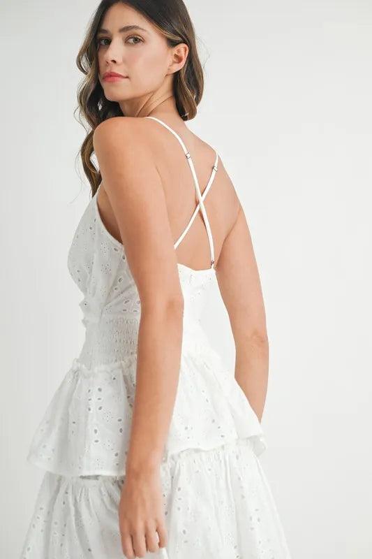 MABLE Lace Eyelet Ruffle Mini Dress With Front Cutout - Brittney MADE