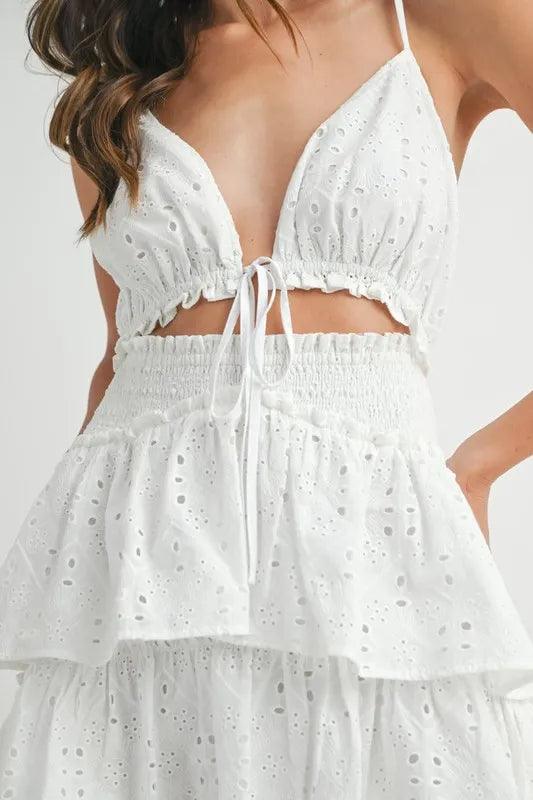MABLE Lace Eyelet Ruffle Mini Dress With Front Cutout - Brittney MADE