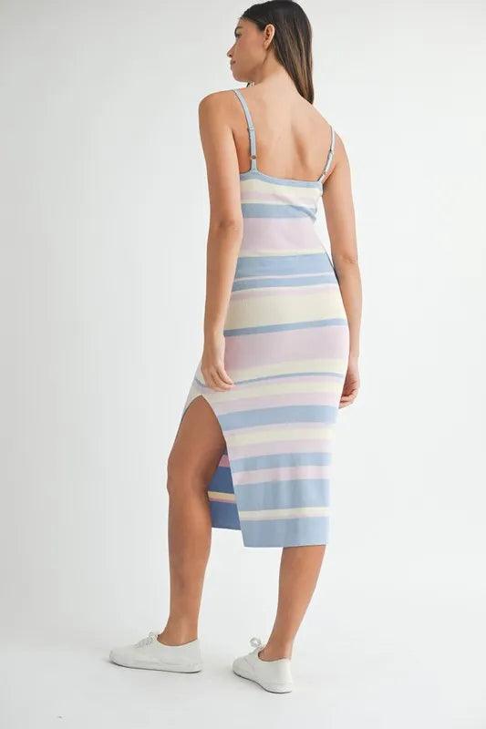 MABLE Multi Color Striped Front Cutout Knit Midi Dress - Brittney MADE