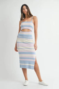 MABLE Multi Color Striped Front Cutout Knit Midi Dress - Brittney MADE