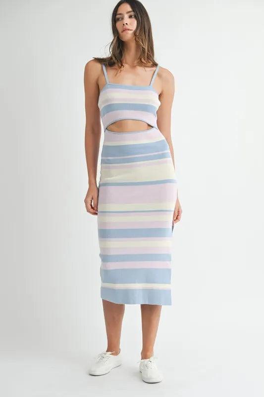 MABLE Multi Color Striped Front Cutout Knit Midi Dress - Brittney MADE
