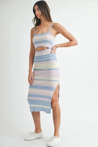 MABLE Multi Color Striped Front Cutout Knit Midi Dress - Brittney MADE