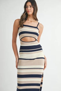 MABLE Multi Color Striped Front Cutout Knit Midi Dress - Brittney MADE