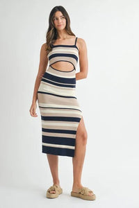 MABLE Multi Color Striped Front Cutout Knit Midi Dress - Brittney MADE
